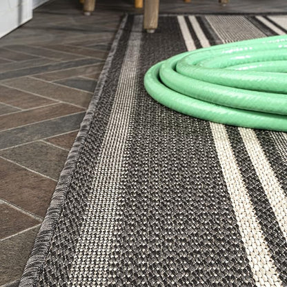 JONATHAN Y Double Stripe Indoor Outdoor Runner Rug 2X8 Black/Cream, Haynes Modern for Backyard, Patio, Porch, Easy-Cleaning, High Traffic, Pet-Friendly, Non-Shedding (SMB202B-28)