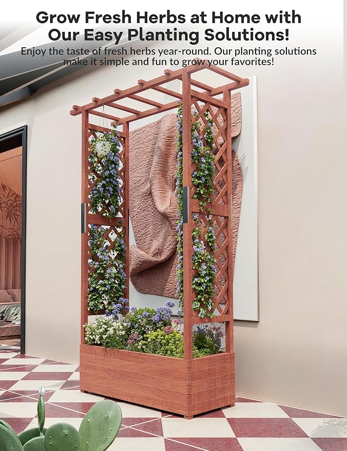 GarveeLife Raised Garden Bed with Trellis, 45 in Wood Planter Box with Side Trellis, Hanging Roof, and 4 Drainage Holes, Freestanding Elevated Garden Bed for Climbing Plants, Vines, Flowers