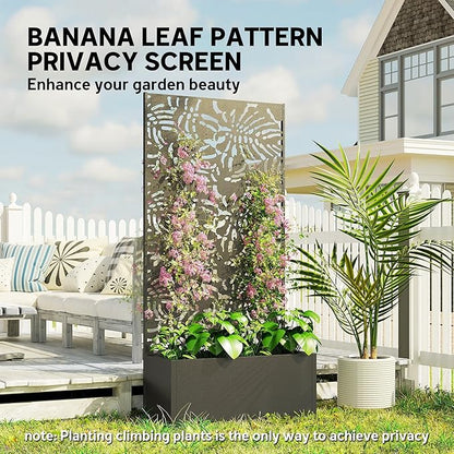 Outsunny Metal Planter Box with Trellis, 71" Tall Raised Garden Bed with Trellis Privacy Screen and Drainage Holes, Banana-Leaf Cut-Out Outdoor Privacy Planter for Climbing Plants, Vegetables, Vines
