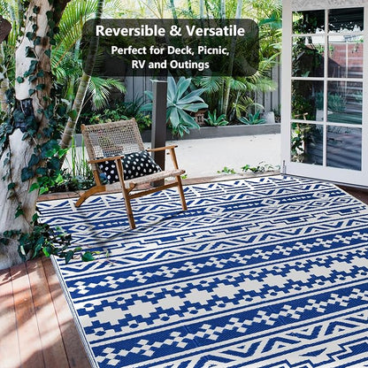 HUGEAR Outdoor Plastic Straw Rug, Waterproof Outdoor Rugs for Patios Clearance, Reversible Area Rug, Large Outside Carpet for Camping, Balcony, RV, Deck, Picnic, Beach 5x8ft Geometric Boho Blue&White