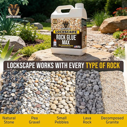 Petra Max Rock Glue for Landscaping, 4 Gal - Wide Coverage & Pet Safe Mulch Glue for Rocks - Lockdown Gravel/Pebbles/Stones - Sticky Clear Gravel Binder & Decomposed Granite Stabilizer (1Gal x4)