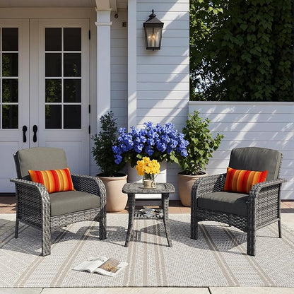 HOOOWOOO Patio Furniture Set,3 Pieces Outdoor Conversation Set,All Weather Wicker Bistro Set Yard Porch High Back Chairs Side Table,Black
