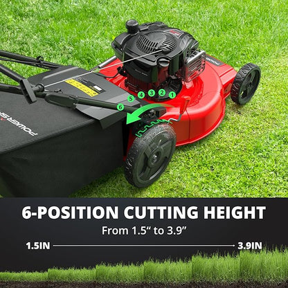 PowerSmart 22-Inch Gas Lawn Mower, 150cc B&S Engine, Self-Propelled, 3-in-1 Mulching System, 6 Cutting Heights, Rear-Wheel Drive, Durable Steel Deck