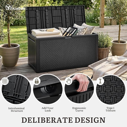 YITAHOME 95 Gallon Large Outdoor Deck Box, Lockable Waterproof Resin Storage Box with Handles, Weatherproof & UV Resistant, Patio Garden Tool Container for Outdoor Furniture, Black