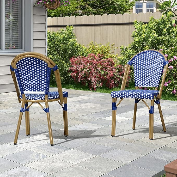 PURPLE LEAF Outdoor Dining Chair Set of 4 Aluminum Wicker Chairs for Kitchen Backyard Porch Bamboo Print Finish Patio Chairs Deep Blue French Bistro Chairs
