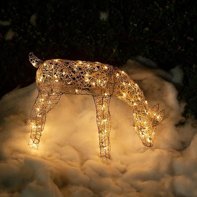Alpine Corporation Grazing Rattan Reindeer Decoration with Warm White Lights, Christmas Decoration