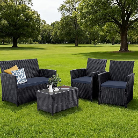 4 Piece Patio Furniture Set, Outdoor Wicker Conversation Set, Rattan Sectional Sofa Couch with Glass Coffee Table & Thick Cushion for Backyard, Porch, Garden, Poolside, Black/Blue