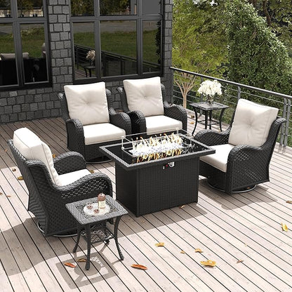 LayinSun 7 Pieces Outdoor Patio Furniture Set with Fire Pit Table, Rattan Wicker Swivel Rocker Chairs Sets with Swivel Glider Chairs and Coffee Table