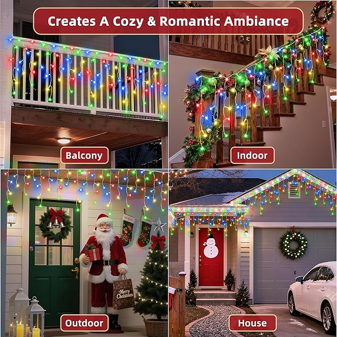 504 LED Christmas Lights Outdoor 50FT with 112 Drops, Christmas Decorations Hanging Lights 12 Modes, Dimmable Outsite Fairy String Lights for Wedding Party Holiday Winter Wonderland Decor Multicolor
