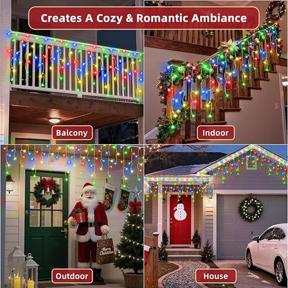 504 LED Christmas Lights Outdoor 50FT with 112 Drops, Christmas Decorations Hanging Lights 12 Modes, Dimmable Outsite Fairy String Lights for Wedding Party Holiday Winter Wonderland Decor Multicolor