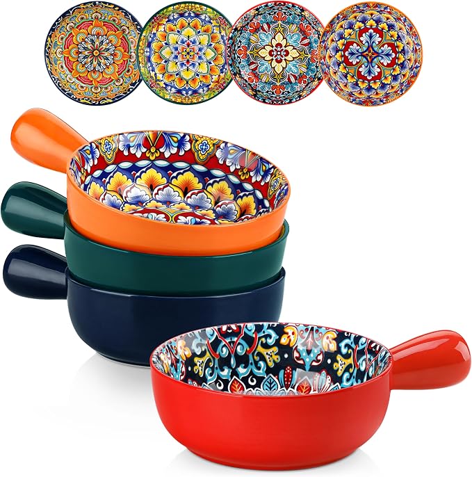 vancasso Boho 23 Oz French Onion Soup Bowls with Handles, Ceramic, Set of 4 | Bohemian ceramic soup crocks with handles,Microwave & dishwasher safe,6.2 inch, 23 oz, For cereal, pasta, stew & chili
