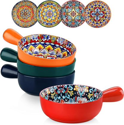 vancasso Boho 23 Oz French Onion Soup Bowls with Handles, Ceramic, Set of 4 | Bohemian ceramic soup crocks with handles,Microwave & dishwasher safe,6.2 inch, 23 oz, For cereal, pasta, stew & chili
