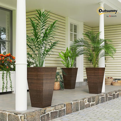 Outsunny Tall Planter for Outdoor Plants Set of 3, 28 Inch Taper Planter with Drainage Holes, Wood Grain Decor Garden Pot for Indoor Outdoor Porch Patio Backyard, Brown