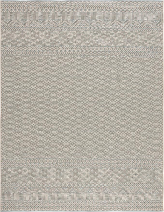 SAFAVIEH Washable Rug Outdoor Courtyard Collection - 9' x 12', Beige & Aqua Blue, Non-Shedding & Easy Cleaning, Ideal for Patio, Backyard, Mudroom (CY6235-21312)