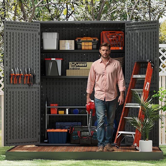 EHHLY Vertical Resin Storage Shed, 60 Cuft Garden Tool Sheds & Outdoor Storage, Plastic Outdoor Storage Cabinet Waterproof, 4.5 x 2.3 ft Backyard Outside Lawn Mower Storage Shed, Grey