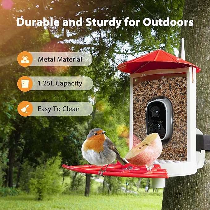 Smart Bird Feeder with Camera Solar, Auto Capture Bird Videos & Motion Detection, Birds Watching Camera Notify in Time, Metal Birds Feeder with Seed Guard, Ideal Present for Mom (Red)