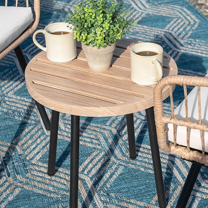 NUU GARDEN 3-Piece Outdoor Bistro Set, PE Wicker Chairs with Cushions and Slatted Metal Side Table, Patio Furniture Conversation Set for Porch, Backyard, Lawn, Poolside, Deck, Beige