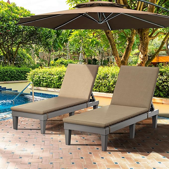 YITAHOME Outdoor Chaise Lounge Chair, Plastic Pool Chaise Lounge with Cushions & 5-Position Backrest, Easy Assembly & Waterproof for Patio & Poolside, Set of 2, Brown