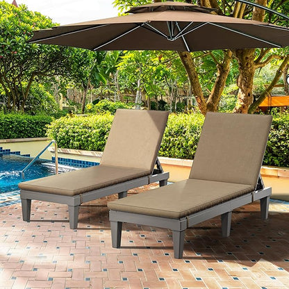YITAHOME Outdoor Chaise Lounge Chair, Plastic Pool Chaise Lounge with Cushions & 5-Position Backrest, Easy Assembly & Waterproof for Patio & Poolside, Set of 2, Brown