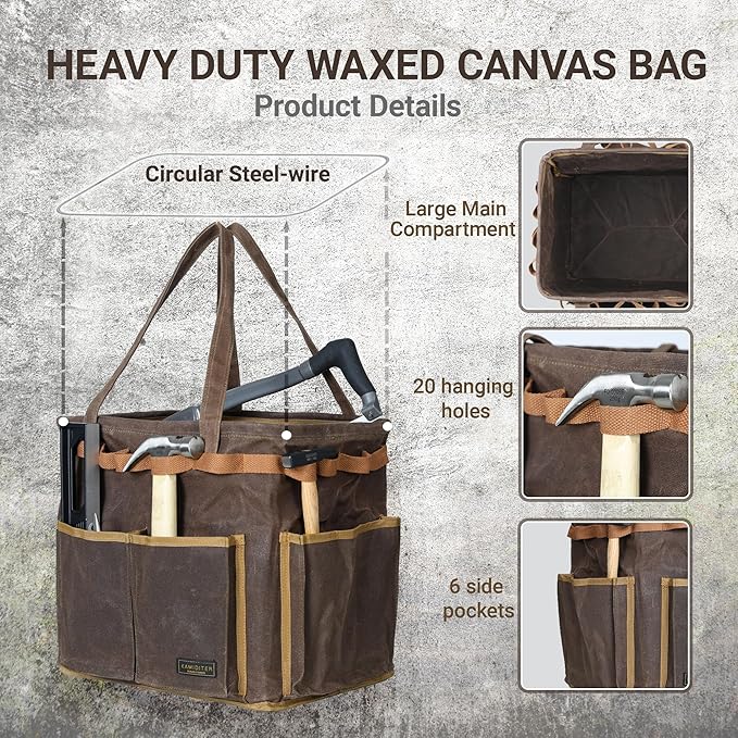 Self-Standing Tool Bag with 6 Pockets & 23 Hanging Holes - Collapsible Reusable Wire Frame Rectangular Basket, Easy Tool Access, 14" x 13" x 10" | Grey