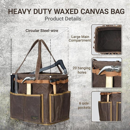 Self-Standing Tool Bag with 6 Pockets & 23 Hanging Holes - Collapsible Reusable Wire Frame Rectangular Basket, Easy Tool Access, 14" x 13" x 10" | Grey