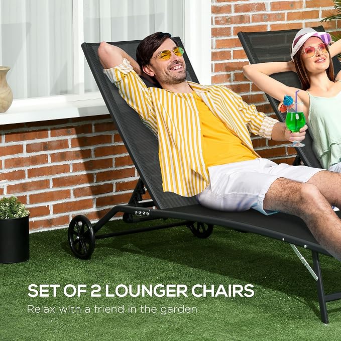 Outsunny Chaise Lounge Outdoor, 2 Piece Lounge Chair with Wheels, Tanning Chair with 5 Adjustable Positions for Patio, Beach, Yard, Pool, Black