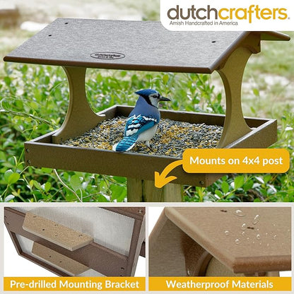 DutchCrafters Amish USA Made Poly Extra Large Fly Through Bird Feeder Post Mount for 4" x 4", Covered Bird Feeder Open Platform Seed Tray for Outdoor, Outside, Garden, Yard (Tudor Brown & Weatherwood)