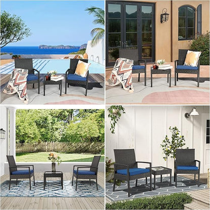 3 Piece Outdoor Patio Furniture Sets, Rattan Conversation Set with Soft Cushion, Wicker Chairs with Coffee Table for Yard Backyard Lawn Porch Poolside Balcony, Blue