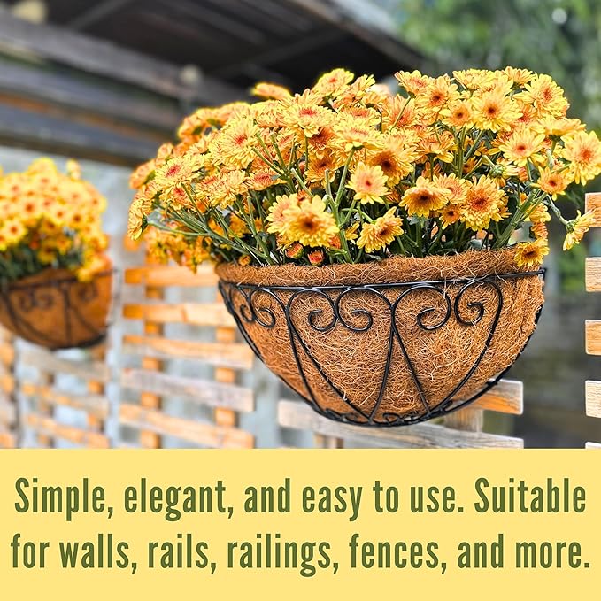LaLaGreen Outdoor Wall Planters (4 Pack, 12 Inch) Black Metal Wall Mounted Hanging Basket with Coco Liner, Flower Pot Plant Holder Semi-Circle Planter for Fence Railing Deck Porch Balcony Garden Decor