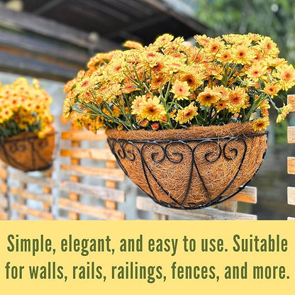 LaLaGreen Outdoor Wall Planters (2 Pack, 12 Inch) Black Metal Wall Mounted Hanging Basket with Coco Liner, Flower Pot Plant Holder Semi-Circle Planter for Fence Railing Deck Porch Balcony Garden Decor