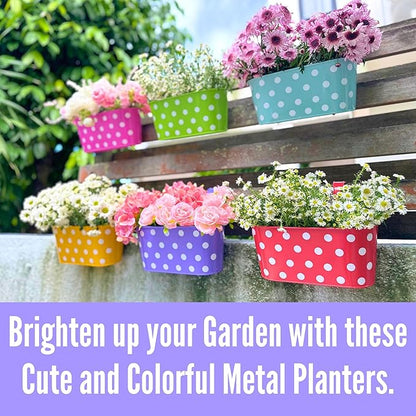 LaLaGreen Outdoor Hanging Planter (11.2 Inch, 6 Pack) Light Blue, Neon Pink, Dark Purple, Yellow, Red Cute Metal Iron Flower Pots Bucket Colorful Polka Dot Herb Deck Railing Fence Bucket Patio Decor