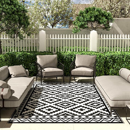 HAUSHOF 5'X8' Outdoor Rug Waterproof, Black&White | Camping, Beach, Deck, Porch, Balcony