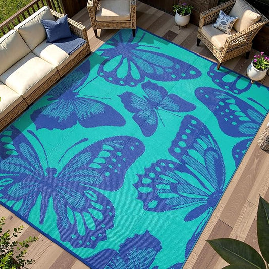Anidaroel Butterfly Patio Rugs Outdoor 8X10 Waterproof, Reversible Plastic Straw Outside Area Rug, RV Outdoor Mat for Under Awning, Pool Deck, Picnic, Porch (Purple&Green,8‘X10')