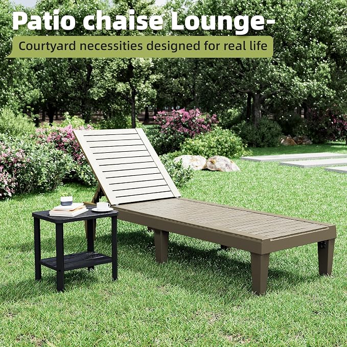 Outdoor Lounge Chair Set of 2 with 1 Black Side Table, 5-Positions Adjustable Patio Chaise Lounge with End Table, Waterproof Pool Lounge Chairs for Poolside, Backyard, Striped Grey