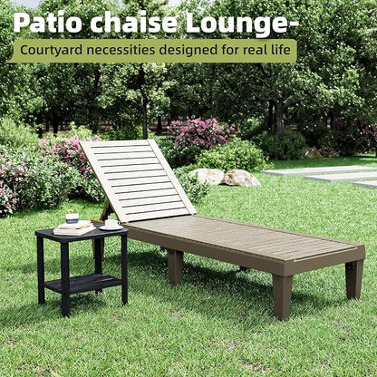 Outdoor Lounge Chair Set of 2 with 1 Black Side Table, 5-Positions Adjustable Patio Chaise Lounge with End Table, Waterproof Pool Lounge Chairs for Poolside, Backyard, Striped Grey
