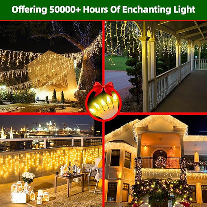 1620 LED 164ft Christmas Icicle Lights Outdoor,8 Modes Fairy Curtain Icicle String Lights with 360 Drops, Twinkly Lights Plug in Timerr Memory for Outdoor Holiday Wedding Party (Warm White)