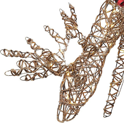 Alpine Corporation 27" Tall Rattan Grazing Reindeer with Bow and LED Lights, Indoor/Outdoor Christmas Lawn and Yard Decor, Festive Holiday Decoration
