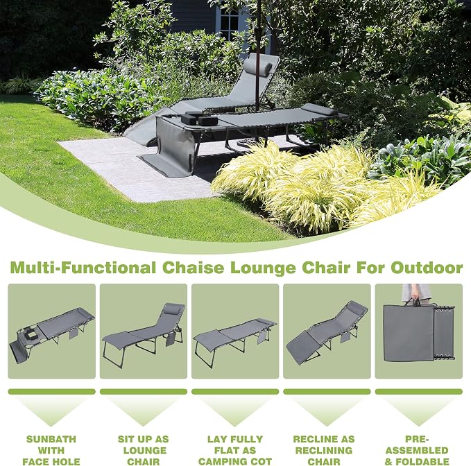 MUPATER Patio Chaise Lounge Chair for Outdoor with Face Hole, 4-Fold Adjustable Backrest, Removable Pillow and Detachable Pocket, Portable Sun Lounger Recliner for Beach, Camping and Pool, Grey