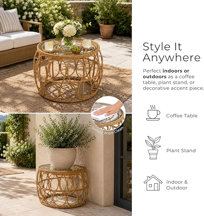Furniture of America Ysar Boho Rattan Round Coffee Table Outdoor with 5mm Tempered Glass Top, All-Weather and Rust Resistant Patio Furniture