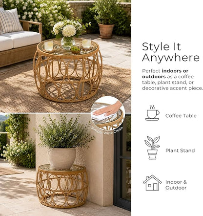 Furniture of America Ysar Boho Rattan Round Coffee Table Outdoor with 5mm Tempered Glass Top, All-Weather and Rust Resistant Patio Furniture