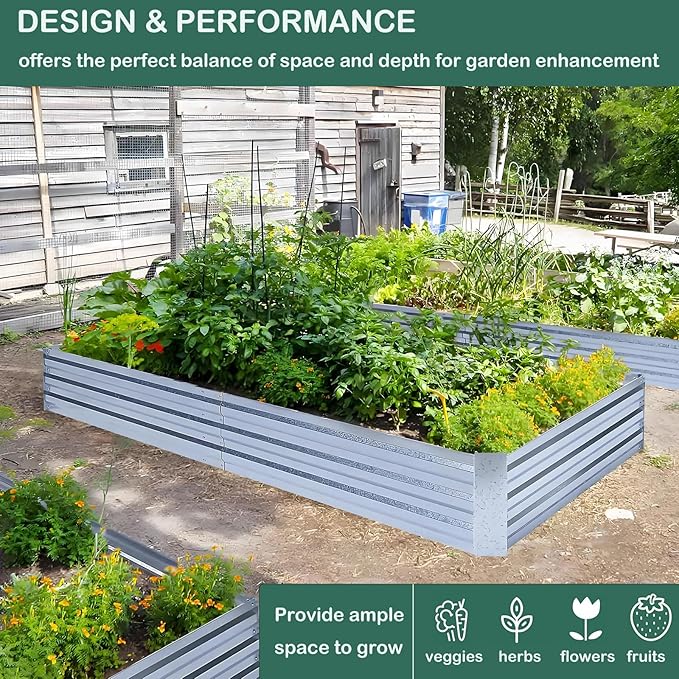 Galvanized Raised Garden Bed (8x4x1ft) – Overlapping 4-Inch Panels + 4 Support Bars, Heavy-Duty Metal Planter Box for Vegetables, Herbs, Flowers, No-Deformation Steel Garden Kit