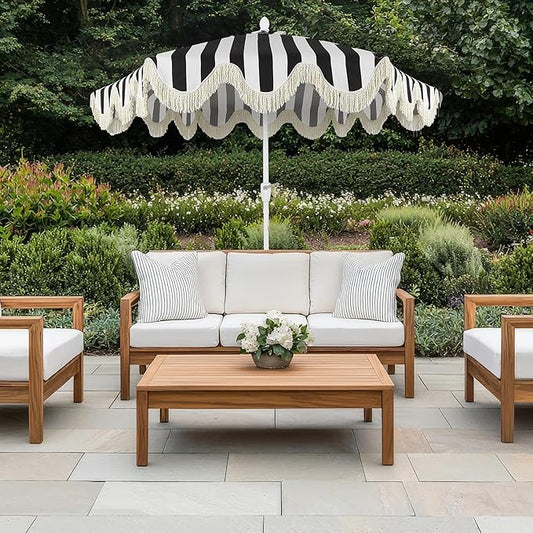 JONATHAN Y UMB1001 Collins 9 ft. Classic Cottage Tassel Market Patio Umbrella with Auto-Tilt, Crank, Wind Vent and UV Protection