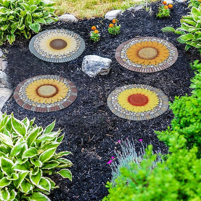 PINPON 4 Pack Sunflower Stepping Stones – 10 Inch Cement Garden Pavers with Colorful Pebble Border, Hand-Painted Outdoor Walkway Stones, Weather-Resistant Decorative Path Stones for Patio & Yard