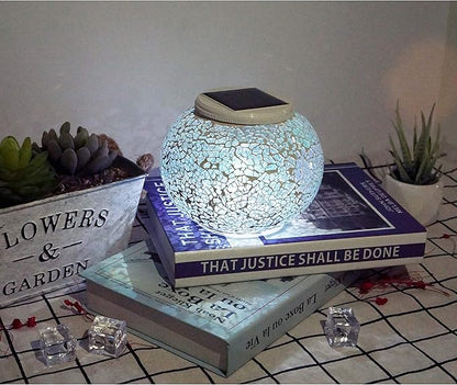 Color Changing Solar Powered Mosaic Glass Ball Lights, Rechargeable Solar Lantern Table Lights, Waterproof LED Garden Night Lights for Patio Yard Outdoor Decor (White)