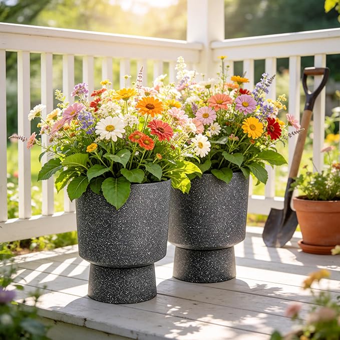 16.8" Large Planters Set of 2 Modern Pedestal Plant Pots with Drainage Hole, Durable Plastic Flower Pots w/Terrazzo Finish, Weather-Resistant for Garden Patio Balcony Home Outdoor Indoor Decor