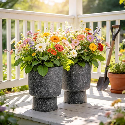 16.8" Large Planters Set of 2 Modern Pedestal Plant Pots with Drainage Hole, Durable Plastic Flower Pots w/Terrazzo Finish, Weather-Resistant for Garden Patio Balcony Home Outdoor Indoor Decor