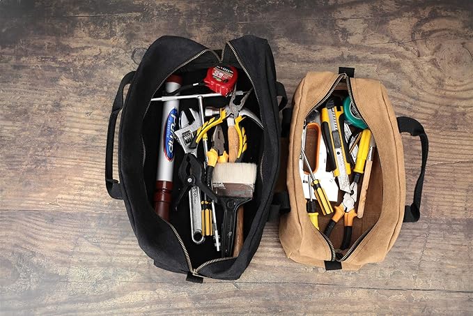 Heavy Duty Waxed Canvas Tool Bag, Multi-Purpose Waterpoof Garden Tote Bag, Portable Carry On Pouch (Black)