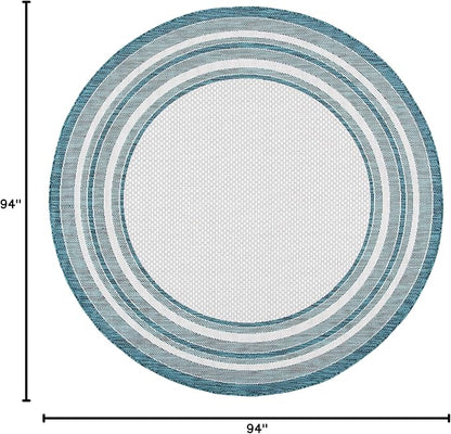 SAFAVIEH Washable Rug Outdoor Courtyard Collection - 7'10" Round, Ivory & Teal, Non-Shedding & Easy Cleaning, Ideal for Patio, Backyard, Mudroom (CY8475-53512)
