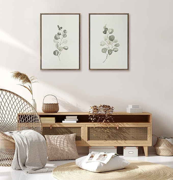 Kate and Laurel Sylvie Eucalyptus 4a & Eucalyptus 4b Framed Canvas Wall Art Set by Maja Mitrovic of Makes My Day Happy, 2 Piece 23x33 Gray, Simple Plant Art Set Wall Décor