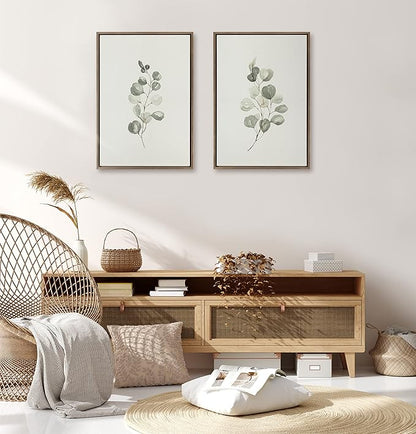 Kate and Laurel Sylvie Eucalyptus 4a & Eucalyptus 4b Framed Canvas Wall Art Set by Maja Mitrovic of Makes My Day Happy, 2 Piece 23x33 Gray, Simple Plant Art Set Wall Décor